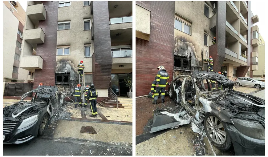 Mercedesul care a explodat în faţa unui bloc din Cartierul Francez s-a reaprins. Proprietarul a sunat la pompieri și le-a cerut ajutorul din nou